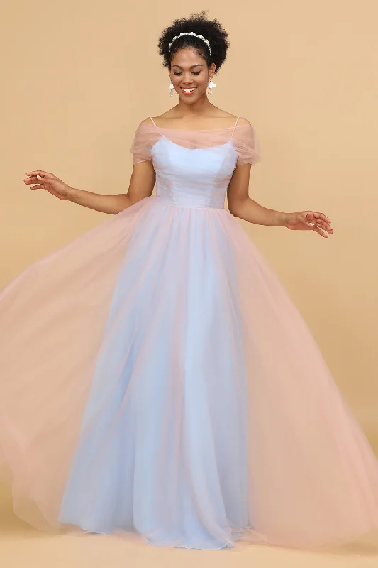 "Off - shoulder dresses for women to show off collarbones"A Line Spaghetti Straps Pink&Blue Tulle Long Bridesmaid Dress "Off - shoulder dresses for women to show off collarbones"A Line Spaghetti Straps Pink&Blue Tulle Long Bridesmaid Dress