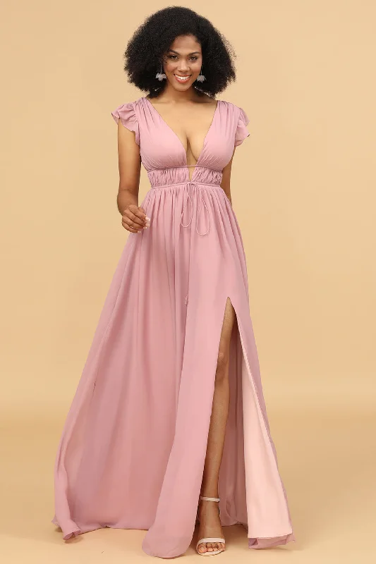 "Trendy casual dresses for women to wear at the beach"Blush V-Neck Long Chiffon Bridesmaid Dress "Trendy casual dresses for women to wear at the beach"Blush V-Neck Long Chiffon Bridesmaid Dress