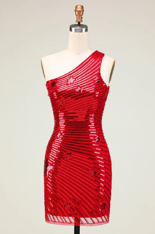 "Striped dresses for women with a classic touch"Cheap Sheath One Shoulder Red Sequins Short Homecoming Dress with Star "Striped dresses for women with a classic touch"Cheap Sheath One Shoulder Red Sequins Short Homecoming Dress with Star