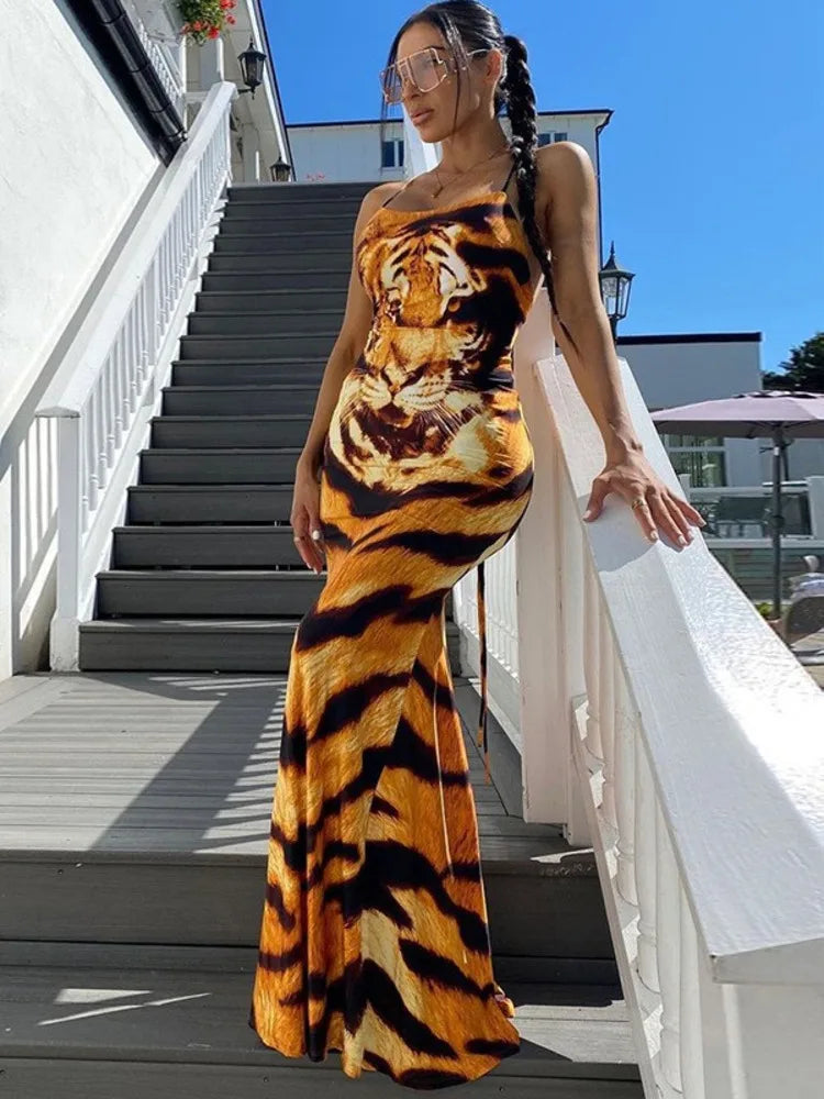 Durable Denim Maxi Dresses for Casual OutingsTiger Pattern Print Maxi Dress Spaghetti Strap Sleeveless Backless Elegant Slipdress Floral Dress Durable Denim Maxi Dresses for Casual OutingsTiger Pattern Print Maxi Dress Spaghetti Strap Sleeveless Backless Elegant Slipdress Floral Dress
