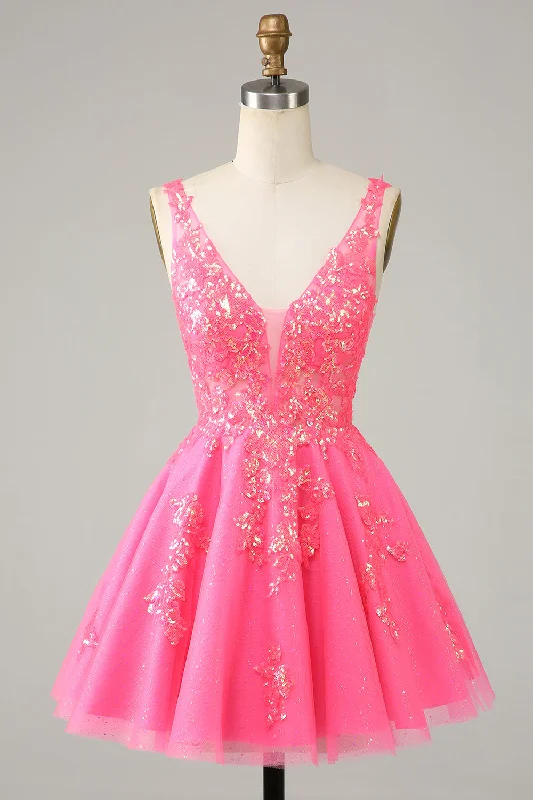 "Mother of the groom dresses for women in sophisticated designs"Fuchsia Sequined V Neck Backless Short Homecoming Dress