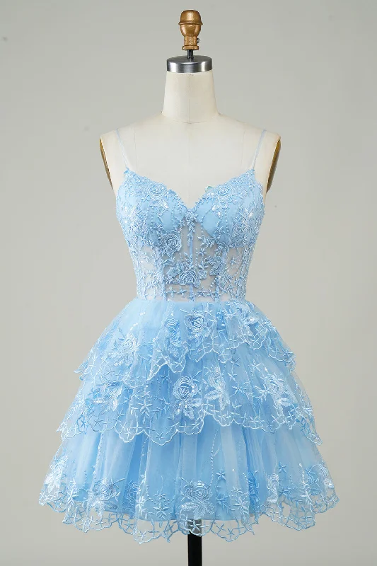 "Denim dresses for women for a casual and cool style"Gorgeous A Line Spaghetti Straps Blue Sparkly Corset Homecoming Dress "Denim dresses for women for a casual and cool style"Gorgeous A Line Spaghetti Straps Blue Sparkly Corset Homecoming Dress