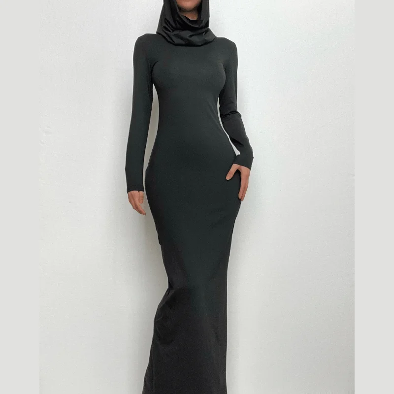 "Elegant wedding guest dresses for women under $100"BerryBetty - Hoodie solid long sleeve cowl neck slit maxi dress "Elegant wedding guest dresses for women under $100"BerryBetty - Hoodie solid long sleeve cowl neck slit maxi dress