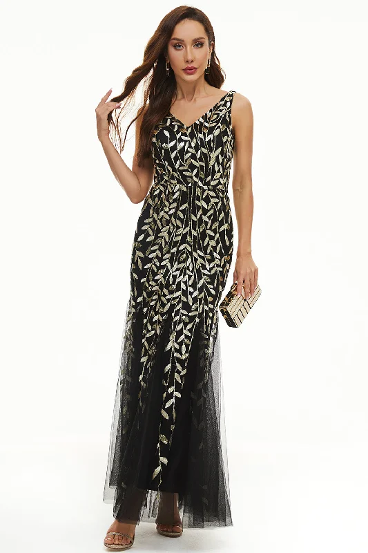 "Boho wedding dresses for women for a free - spirited vibe"Leaves Sequins Tulle Long Formal Dress