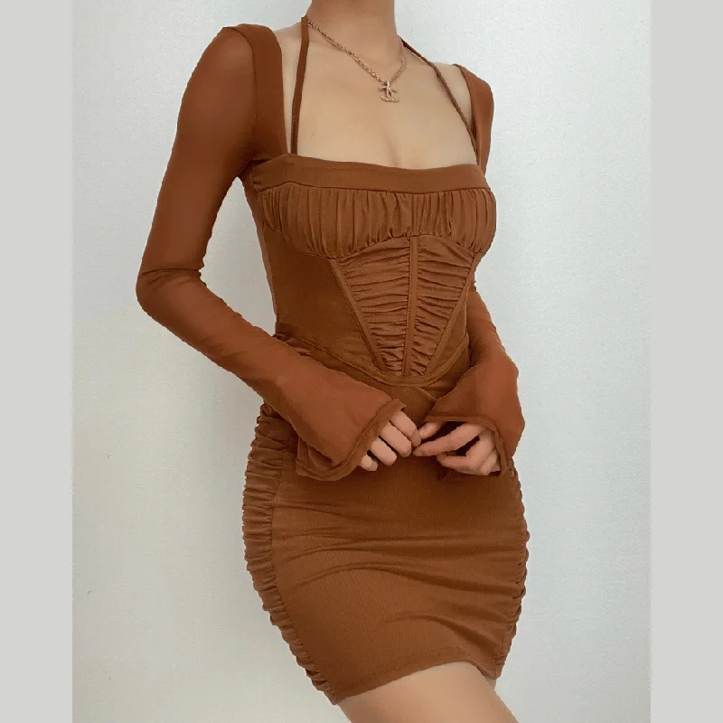 "Work - appropriate dresses for professional women"BerryBetty - Mesh long sleeve solid ruched halter zip-up mini dress "Work - appropriate dresses for professional women"BerryBetty - Mesh long sleeve solid ruched halter zip-up mini dress