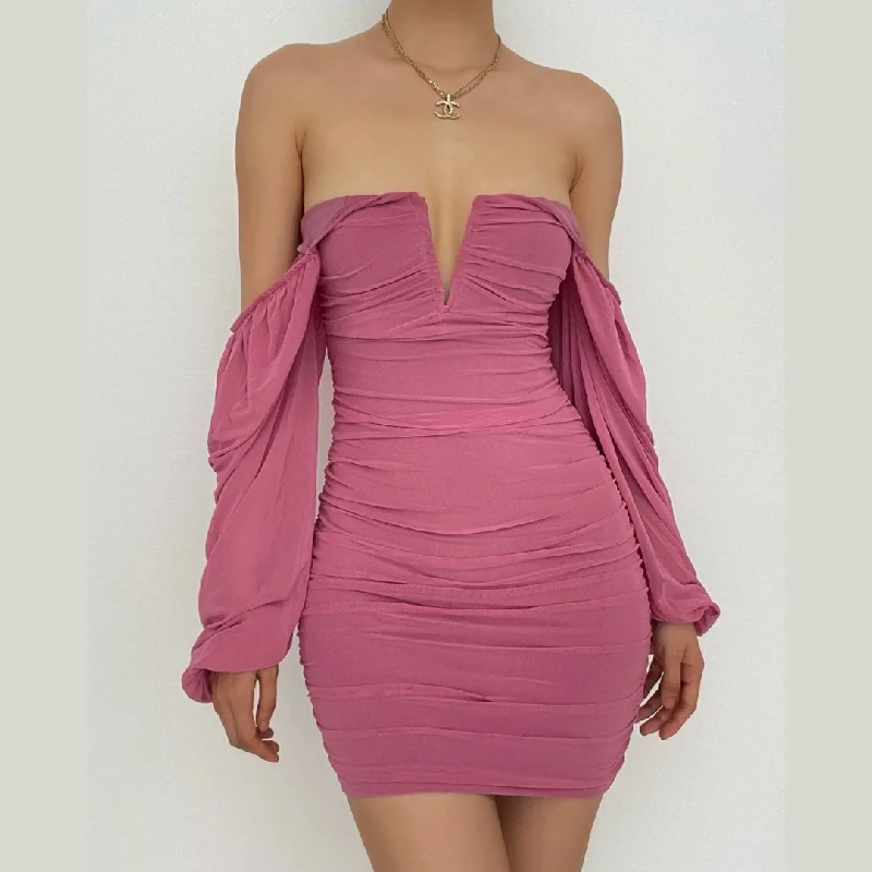 "Short dresses for women for a night out clubbing"BerryBetty - Mesh solid long sleeve ruched notch neck zip-up mini dress