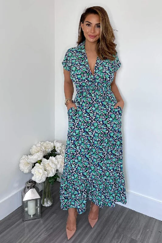 Maxi Dresses with Metallic Thread Embroidery for a Shiny and Luxurious LookNavy Floral Print Short Sleeved V-Neck Midi Smock Dress