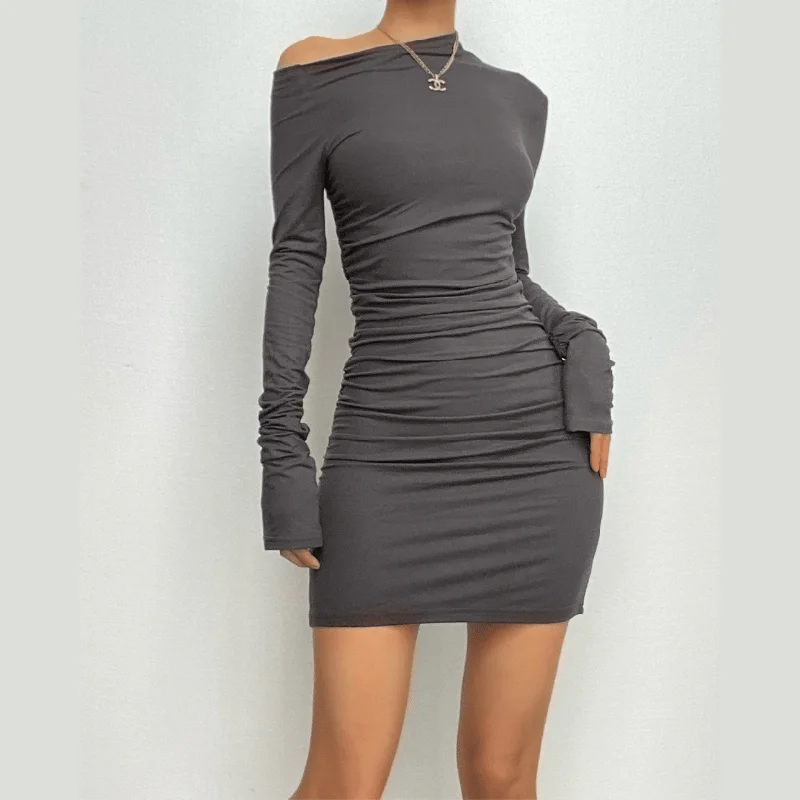 "Chiffon dresses for women with a flowy and light feel"BerryBetty - Off shoulder long sleeve ruched backless solid mini dress "Chiffon dresses for women with a flowy and light feel"BerryBetty - Off shoulder long sleeve ruched backless solid mini dress