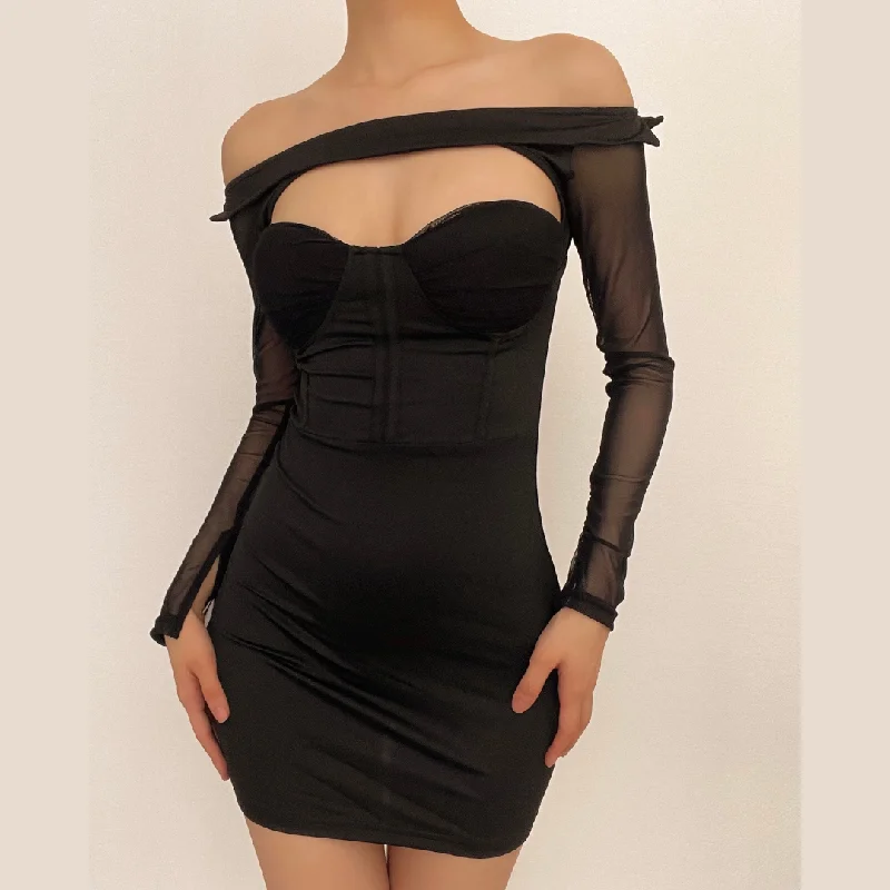 "Comfortable maternity dresses for pregnant women"BerryBetty - Off shoulder mesh solid hollow out long sleeve mini dress "Comfortable maternity dresses for pregnant women"BerryBetty - Off shoulder mesh solid hollow out long sleeve mini dress