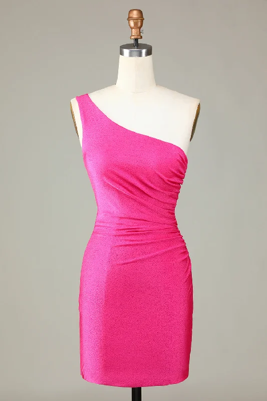 "Sequined dresses for women to shine at parties"Unique Hot Pink One Shoulder Pleated Short Tight Homecoming Dress