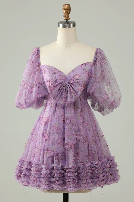 "Buy One, Get One 50% Off on Women's Dresses - Don't Miss Out!"Purple A-Line Puff Sleeves Tulle Short Homecoming Dress "Buy One, Get One 50% Off on Women's Dresses - Don't Miss Out!"Purple A-Line Puff Sleeves Tulle Short Homecoming Dress