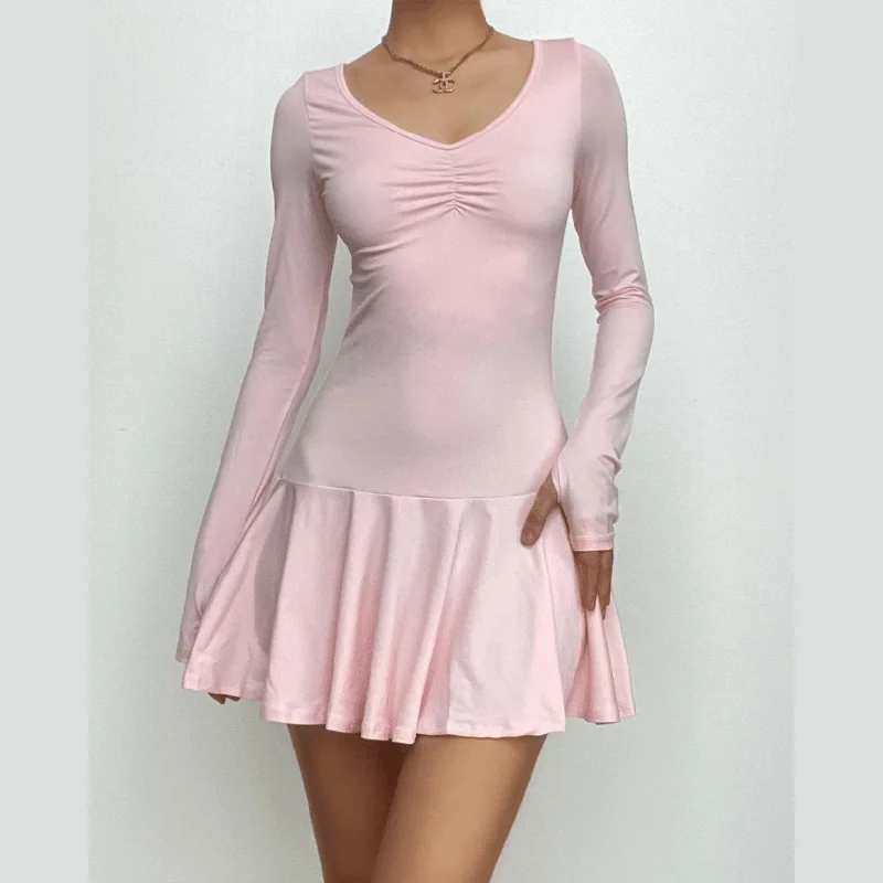 "Plus size wedding dresses for women with a perfect fit"BerryBetty - Ruched long sleeve v neck solid gloves ruffle mini dress