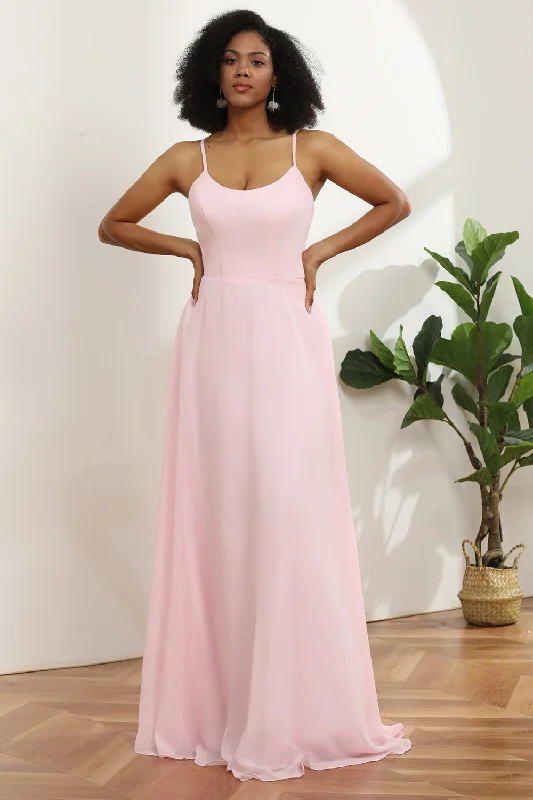 "Polka dot dresses for women with a retro vibe"Spaghetti Straps Chiffon Pink Bridesmaid Dress "Polka dot dresses for women with a retro vibe"Spaghetti Straps Chiffon Pink Bridesmaid Dress