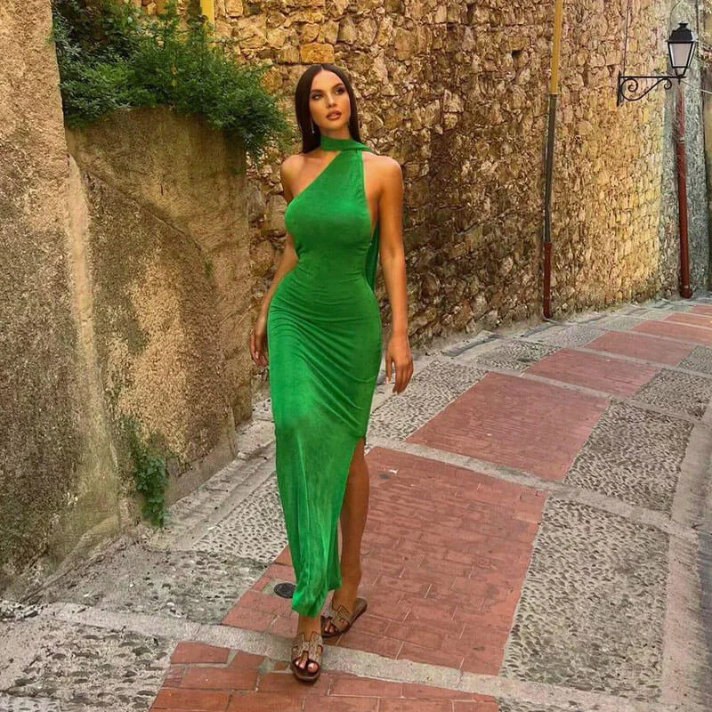 "Black dresses for women for a classic and timeless appearance"BerryBetty - Stunning Draped Trim Low Back Sleeveless Split Formal Maxi Dress - Green