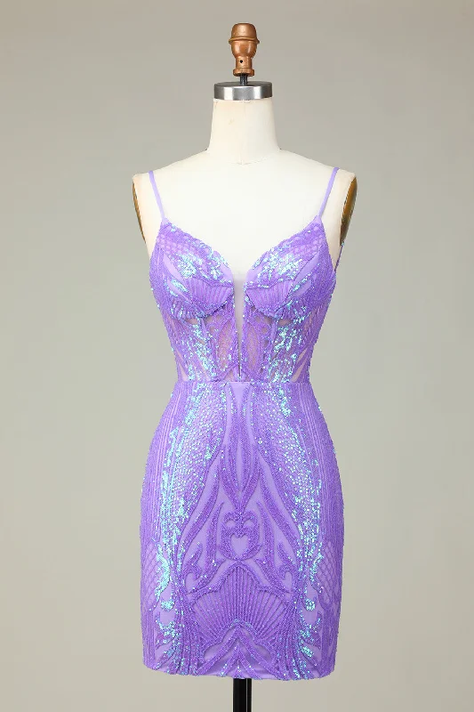 "Sustainable and eco - friendly women's dresses"Stylish Bodycon Spaghetti Straps Lilac Sequins Corset Homecoming Dress with Criss Cross Back "Sustainable and eco - friendly women's dresses"Stylish Bodycon Spaghetti Straps Lilac Sequins Corset Homecoming Dress with Criss Cross Back