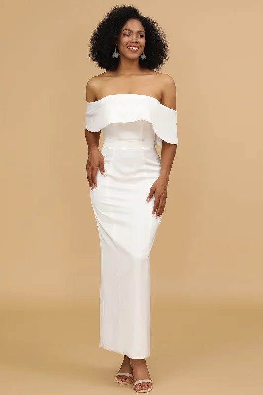 "Maxi dresses for women to wear in the fall"White Off the Shoulder Satin Bridesmaid Dress