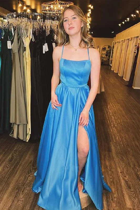 Party Dresses with Pleated Tulle Skirt and Sequined Geometric Shapes for Ladies' Princess and Modern LookA Line Scoop Neck Spaghetti Straps Blue Satin Long Prom Dress With Slit PSK363 Party Dresses with Pleated Tulle Skirt and Sequined Geometric Shapes for Ladies' Princess and Modern LookA Line Scoop Neck Spaghetti Straps Blue Satin Long Prom Dress With Slit PSK363