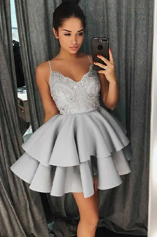 Party Dresses with Embroidered Paisley Patterns and Sequined Bodice for Ladies' Exotic and Glamorous LookA-Line Spaghetti Straps Grey Satin Homecoming Dress with Lace Beading PD024 Party Dresses with Embroidered Paisley Patterns and Sequined Bodice for Ladies' Exotic and Glamorous LookA-Line Spaghetti Straps Grey Satin Homecoming Dress with Lace Beading PD024