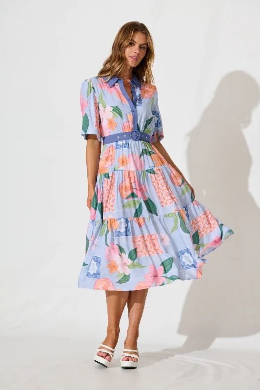 Collared midi dress for a more formal and put - together lookApollonia Midi Dress in Blue with Multi Floral Print
