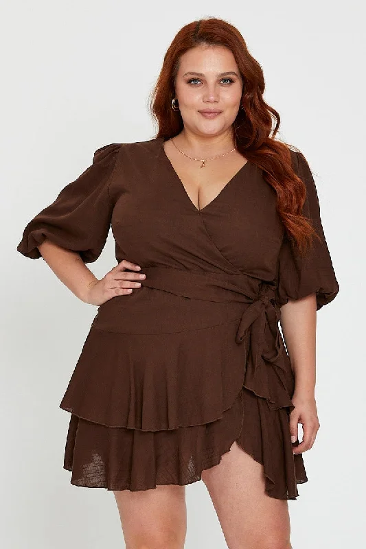 Party Dresses with Embroidered Birds and Sequined Floral Motifs for Ladies' Nature Inspired and Elegant LookBrown Skater Dress V-neck Short Sleeve Tie Party Dresses with Embroidered Birds and Sequined Floral Motifs for Ladies' Nature Inspired and Elegant LookBrown Skater Dress V-neck Short Sleeve Tie