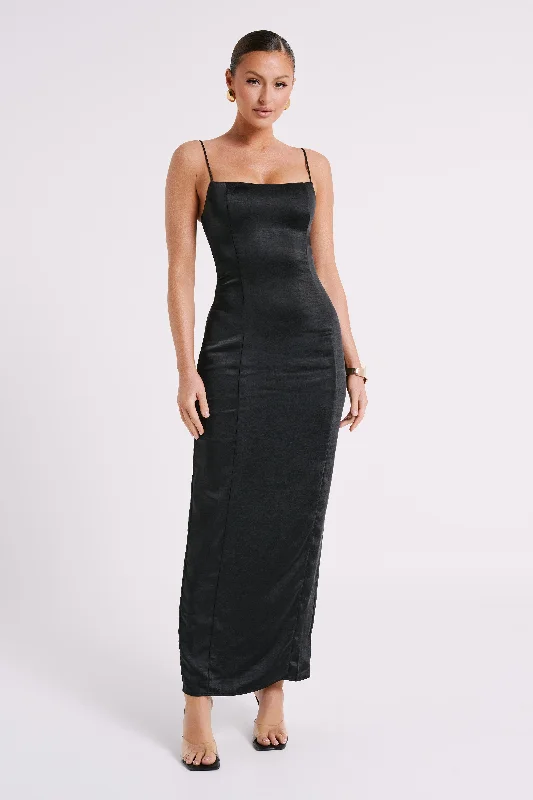 Party Dresses with Sheer Panels and Beaded Trim and Bow at the Back for Ladies' Sexy and Polished LookChrisley Satin Maxi Dress With Split - Black Party Dresses with Sheer Panels and Beaded Trim and Bow at the Back for Ladies' Sexy and Polished LookChrisley Satin Maxi Dress With Split - Black