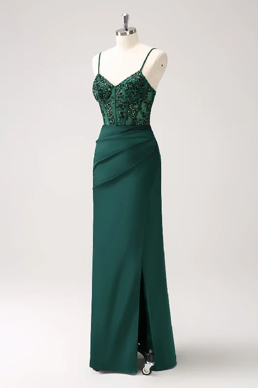 Party Dresses with Sequined Hearts and Satin and Lace Combination for Ladies' Valentine's Day Party RomanceDark Green Sheath Spaghetti Straps Satin Long Prom Dress with Slit Party Dresses with Sequined Hearts and Satin and Lace Combination for Ladies' Valentine's Day Party RomanceDark Green Sheath Spaghetti Straps Satin Long Prom Dress with Slit