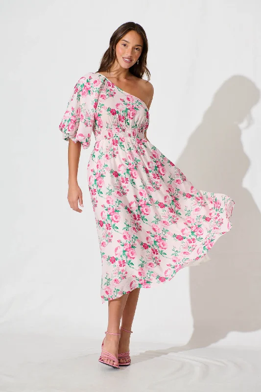 Turtleneck midi dress for a sophisticated and elegant styleEsen Midi Dress in Pink and Green Floral Cotton Blend