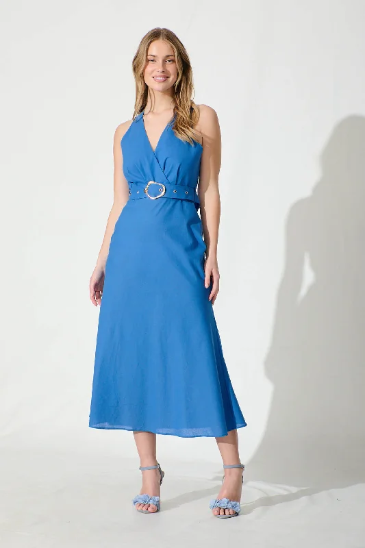 Long - train midi dress for a formal and dramatic lookEvangeline Midi Dress in Blue Cotton