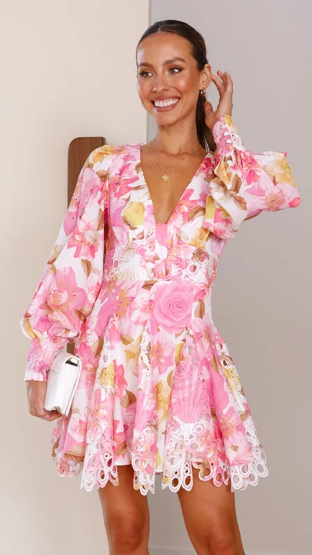 Party Dresses with Satin Trimmed Collar and Ruffled Hem for Ladies' Classic and Girly LookFelicity Mini Dress - Pink Floral Party Dresses with Satin Trimmed Collar and Ruffled Hem for Ladies' Classic and Girly LookFelicity Mini Dress - Pink Floral