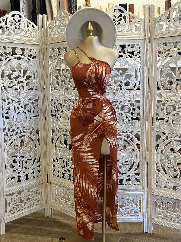 Party Dresses with Tassel Hem and Metallic Lace for Ladies' Boho and Luxurious LookLeaf Pattern Rust Cutout Dress - Estira, Stretchy Party Dresses with Tassel Hem and Metallic Lace for Ladies' Boho and Luxurious LookLeaf Pattern Rust Cutout Dress - Estira, Stretchy