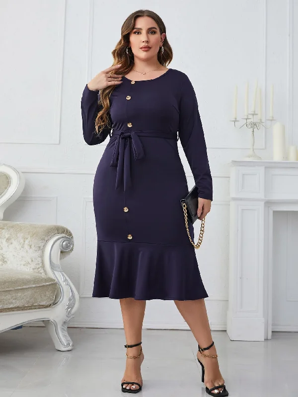 Midi dress for a barbecue with friends and familyMelo Apparel Plus Size Buttoned Round Neck Tie Belt Midi Dress Midi dress for a barbecue with friends and familyMelo Apparel Plus Size Buttoned Round Neck Tie Belt Midi Dress