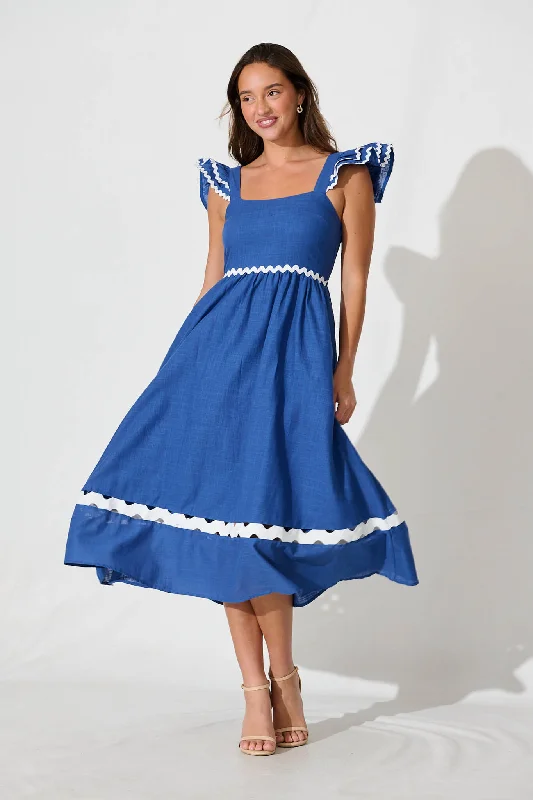 Long - sleeved wool midi dress for a warm and cozy winter optionMiami Midi Dress In Blue With White Ric Rac Cotton