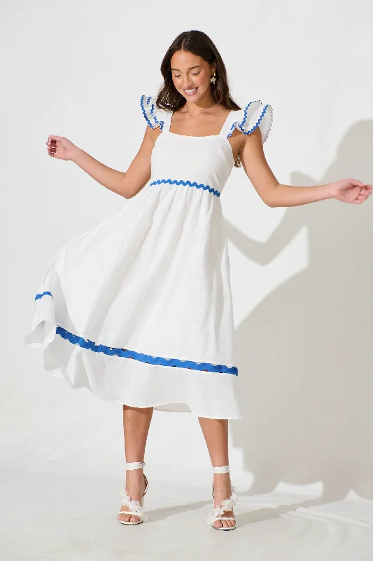 Midi dress for a beach vacation when paired with a swimsuit cover - upMiami Midi Dress In White With Blue Ric Rac Cotton