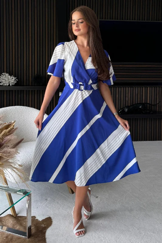 90s - inspired grunge midi dress with a casual and edgy lookNadine Cobalt Stripe Wrap Detail Midi Dress