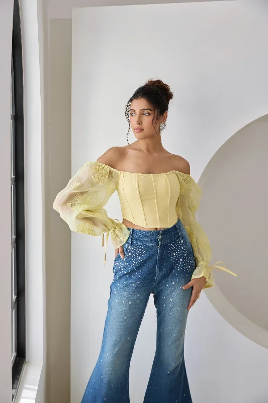 Party Dresses with Embroidered Stars and Sequined Dots for Ladies' Celestial and Playful LookSasha Yellow Embroidered Organza Sleeve Corset Top Party Dresses with Embroidered Stars and Sequined Dots for Ladies' Celestial and Playful LookSasha Yellow Embroidered Organza Sleeve Corset Top