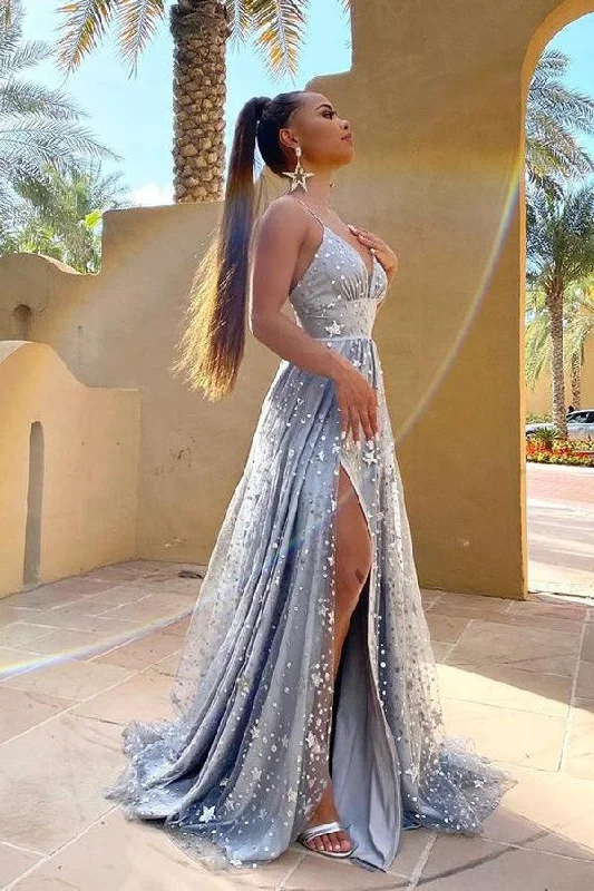 Party Dresses with Sheer Sleeve and Sequined Cuffs and Embroidered Bodice for Ladies' Elegant and Sparkly LookSpaghetti Straps Long Silver Tulle Prom Evening Dress With Split PSK369