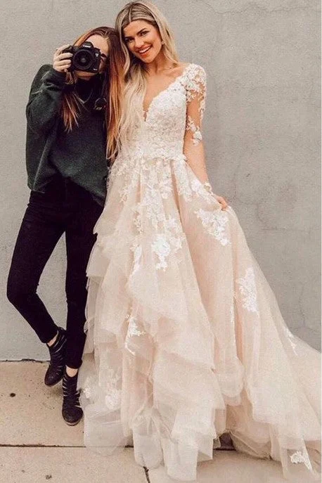 Drop - waist 1920s - style wedding dressA-line Appliques Champagne Bridal Gown with Sheer Long Sleeves vestido de novia Drop - waist 1920s - style wedding dressA-line Appliques Champagne Bridal Gown with Sheer Long Sleeves vestido de novia
