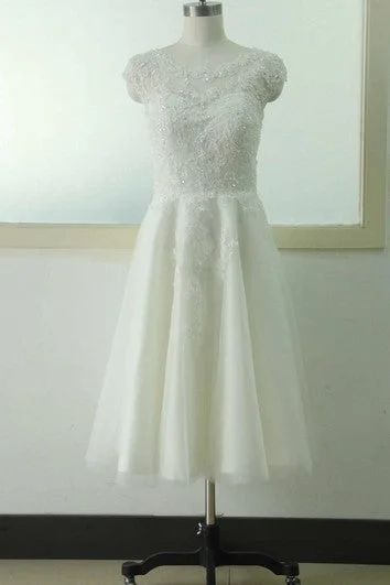 Beach - appropriate short wedding dressA-Line Knee-Length Cap Sleeve Beaded Zipper Back Lace Dress Beach - appropriate short wedding dressA-Line Knee-Length Cap Sleeve Beaded Zipper Back Lace Dress