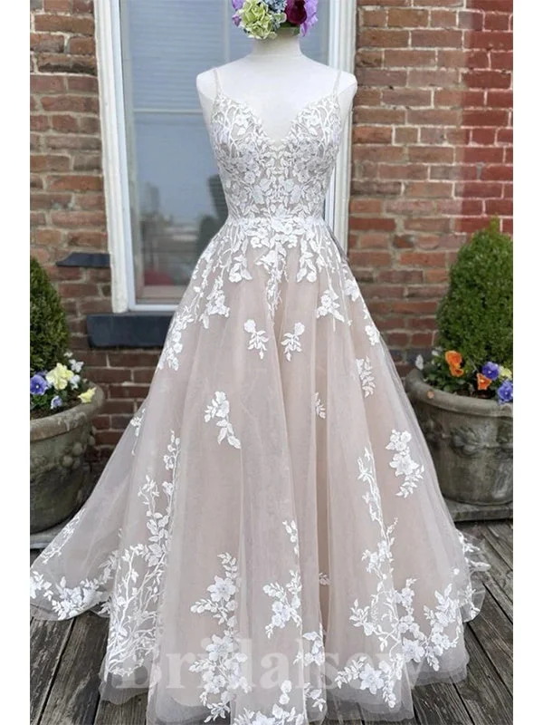 Dainty beaded wedding dress for a glamorous lookA-line Spaghetti Straps Lace Best Dream Vintage Long Wedding Dresses WD407 Dainty beaded wedding dress for a glamorous lookA-line Spaghetti Straps Lace Best Dream Vintage Long Wedding Dresses WD407