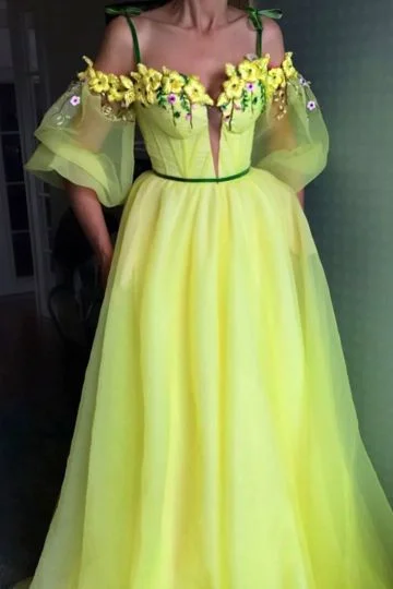 Pearl - studded wedding dress for a refined lookA line YELLOW Long Prom Dresses wedding dress     cg15551