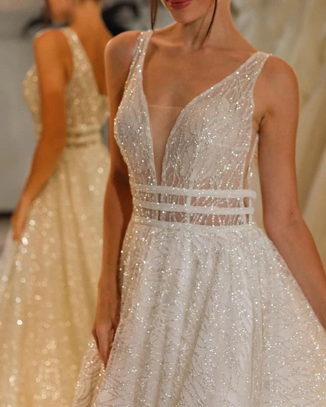 Formal satin wedding dress with a long trainA-line Plunge Neck Wedding Dress Sequins