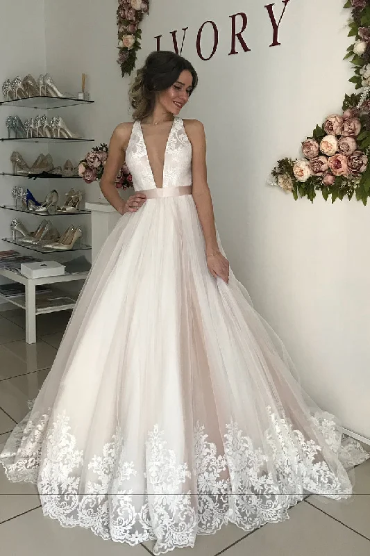 Square - neck wedding dress for a classic lookPrincess Plunging Neck A-line Long Ivory Wedding Dress with Lace Square - neck wedding dress for a classic lookPrincess Plunging Neck A-line Long Ivory Wedding Dress with Lace