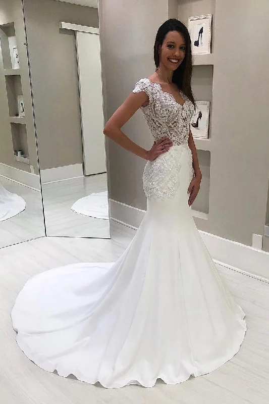 Historical - era - themed wedding dressLong V-Neck Mermaid Cap Sleeves White Wedding Gown with Court Train