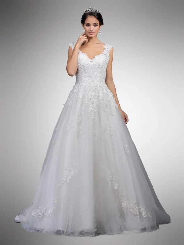 Belted sheath wedding dress for a sleek lookDancing Queen Bridal - 19 Lace Embroidered V-neck Ballgown Belted sheath wedding dress for a sleek lookDancing Queen Bridal - 19 Lace Embroidered V-neck Ballgown