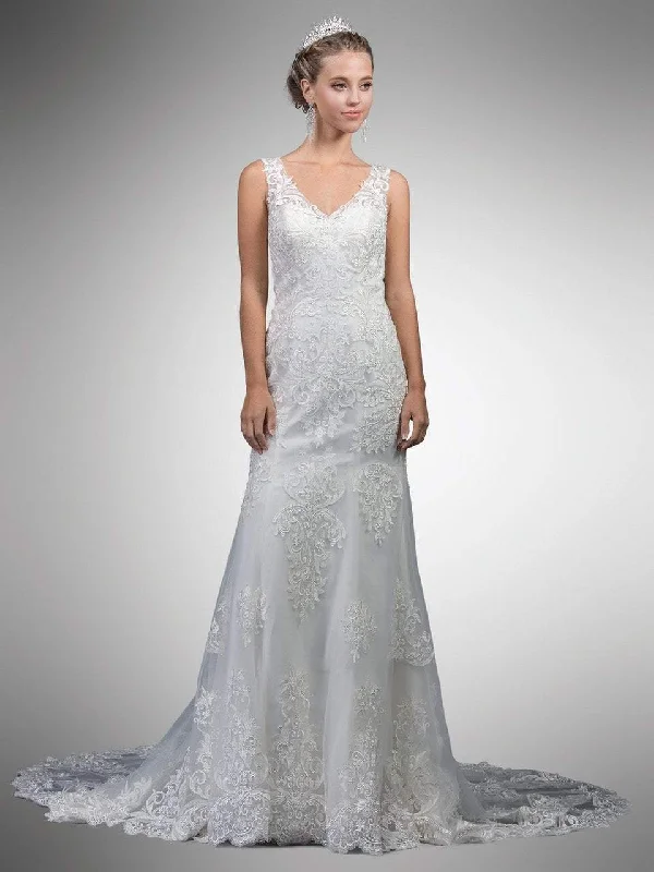 Peplum - style wedding dress for a flattering silhouetteDancing Queen Bridal - 45 Lace Embroidered V-neck Gown With Train