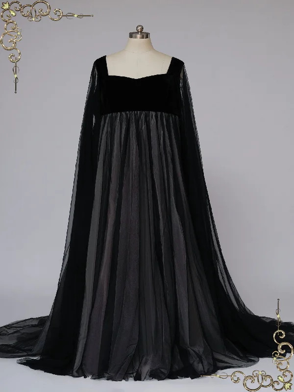 S - curve - flattering mermaid wedding dressGothic Black Wedding Dress with Long Tulle Sleeves SAMARA S - curve - flattering mermaid wedding dressGothic Black Wedding Dress with Long Tulle Sleeves SAMARA