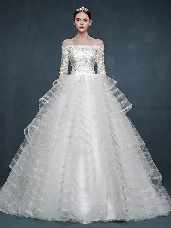 Jeweled - bodice wedding dress for a sparkly lookHalf Sleeve Off Shoulder Modern Striped Ball Gown Wedding Dress Jeweled - bodice wedding dress for a sparkly lookHalf Sleeve Off Shoulder Modern Striped Ball Gown Wedding Dress