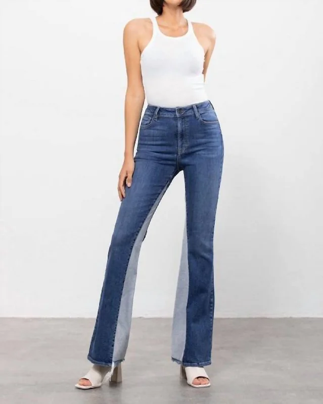 Patchwork cotton pants for women in a handmade lookHidden High Rise Panel Flare In Dark Wash