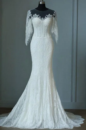Smart - casual wedding dress for a laid - back ceremonyMermaid Floor-Length Half Sleeve Bell Zipper Keyhole Lace Dress Smart - casual wedding dress for a laid - back ceremonyMermaid Floor-Length Half Sleeve Bell Zipper Keyhole Lace Dress