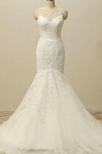 Lace - up back wedding dress for a customizable fitMermaid Floor-Length Pleats Jacket Backless Keyhole Tulle Lace Dress